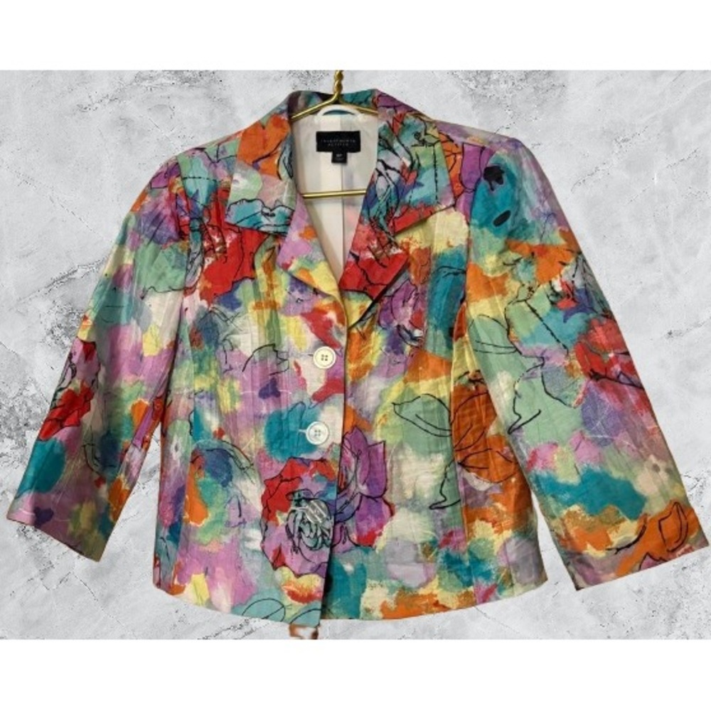 Investments Petites Floral Blazer Jacket 8P Multi Color Linen Blend 3/4 Sleeve